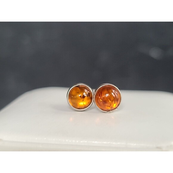 925 Sterling Silver Real Amber Circular Stud Earrings Vintage - Picture 1 of 10